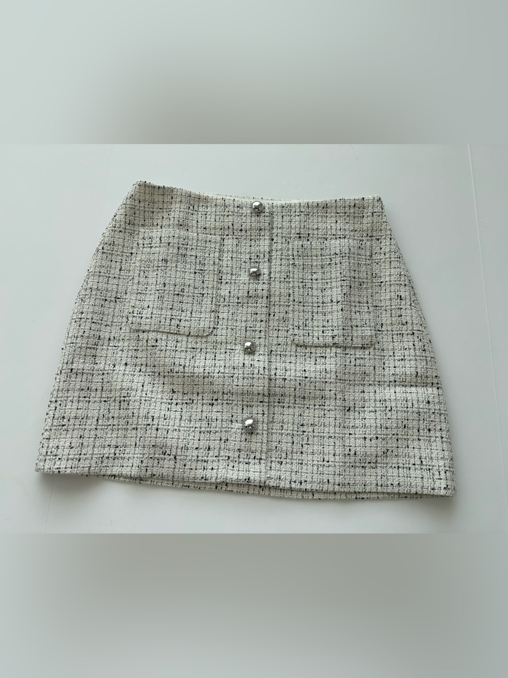 LOFT Tweed Button Front Mini Skirt Ivory Black Size 8 NWT
